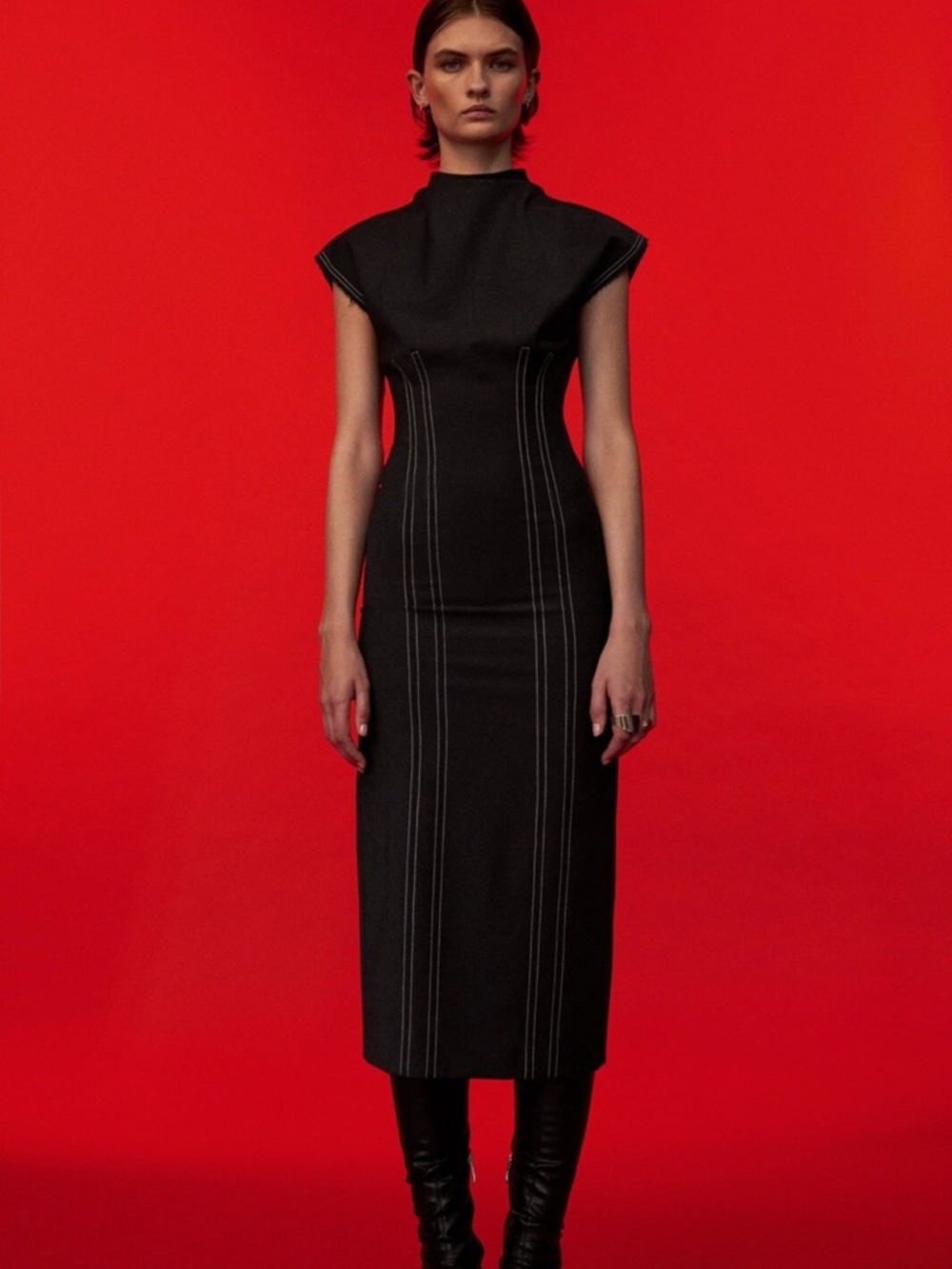 Zara Black Structured Midi Dress Contrast Stitch High Neck Minimalist size XS